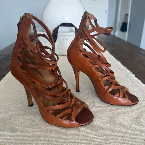 Isabel Marant Luxurious Designer Frye Strappy Brown Leather Heels Size 35 IT - Picture 2 of 9